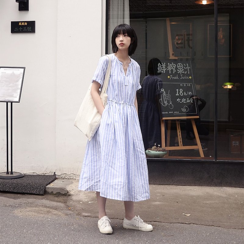 日本の青と白のストライプドレス|ドレス|輸入リネン+コットン|独立ブランド| Sora-133 - ワンピース - コットン・麻 