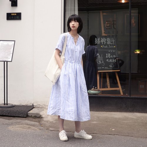 Japanese blue and white striped dress | dress | imported linen + cotton | independent brand |Sora-133