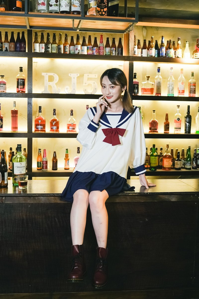 Mark is a youthful high school student wearing a sailor collar bamboo cotton short dress. - One Piece Dresses - Cotton & Hemp White