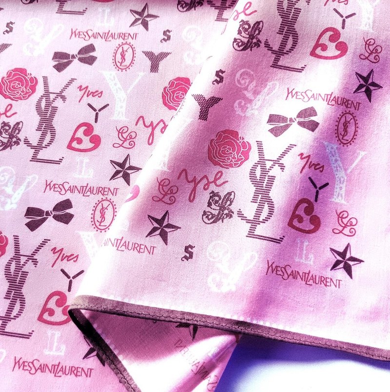 Yves Saint Laurent Vintage Handkerchief 20 x 20 inches Monogram Roses Star - ผ้าเช็ดหน้า - ผ้าฝ้าย/ผ้าลินิน สึชมพู