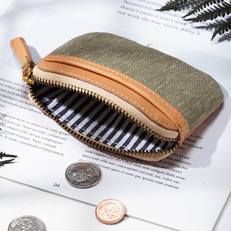 【Hiyori Essentials】日和小物 帆布拼接植鞣革 拉鍊零錢包 - 零錢包/小錢包 - 真皮 多色