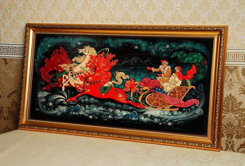 Three horses lacquer Wall Art canvas Framed Russian box Christmas Gift Wrapping - ตกแต่งผนัง - วัสดุอื่นๆ 