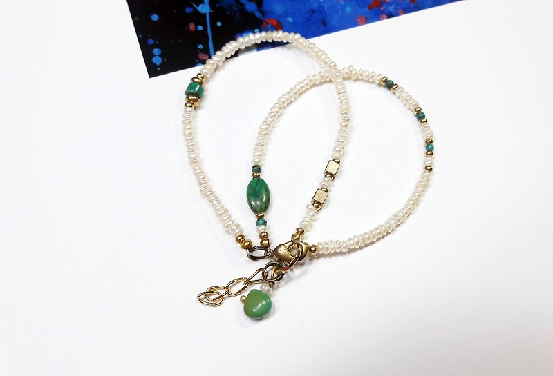 ◎ 2 in1 bracelet pearl*turquoise*brass bracelet design - สร้อยข้อมือ - เครื่องเพชรพลอย 
