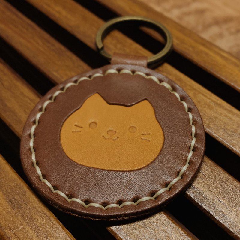 【客製】貓咪皮革鑰匙圈【喵系人森】客製化禮物 刻字 聖誕禮盒 - 鑰匙圈/鑰匙包 - 真皮 咖啡色