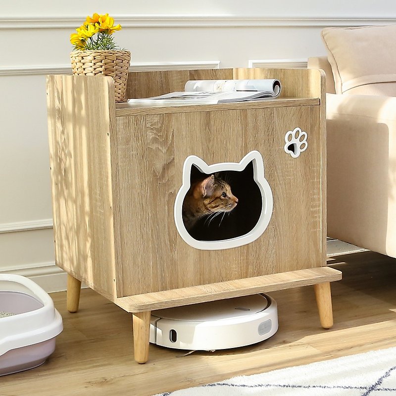 [Slowly] MIT flip-up peek-a-boo bedside storage, safe house cat nest, cat cabinet storage - Storage - Wood Brown