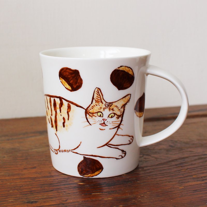 tabby and white cat with chestnuts mug - Mugs - Pottery Brown