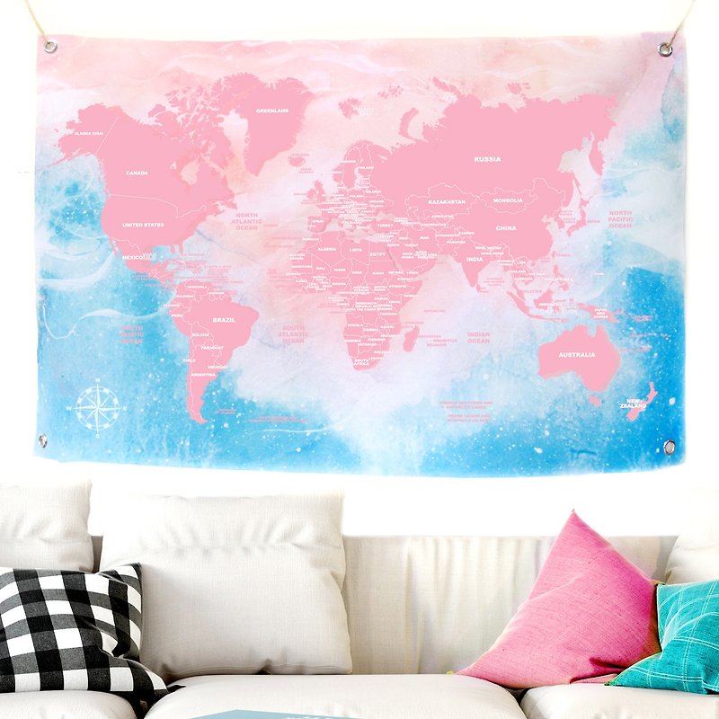【客製】世界地圖掛布/名字訂製/粉紅 - 海報/掛畫/掛布 - 其他材質 粉紅色