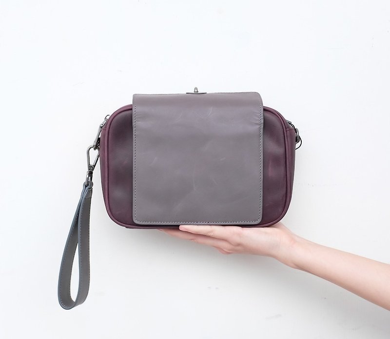 Splicing exquisite hand holding shoulder bag dual-use bag purple gray - Clutch Bags - Genuine Leather Purple