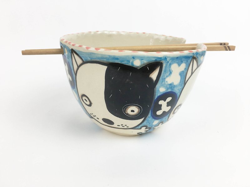 Nice Little Clay handmade bowl _ cute dog black wheel dog 0201-05 - ถ้วยชาม - ดินเผา สีน้ำเงิน