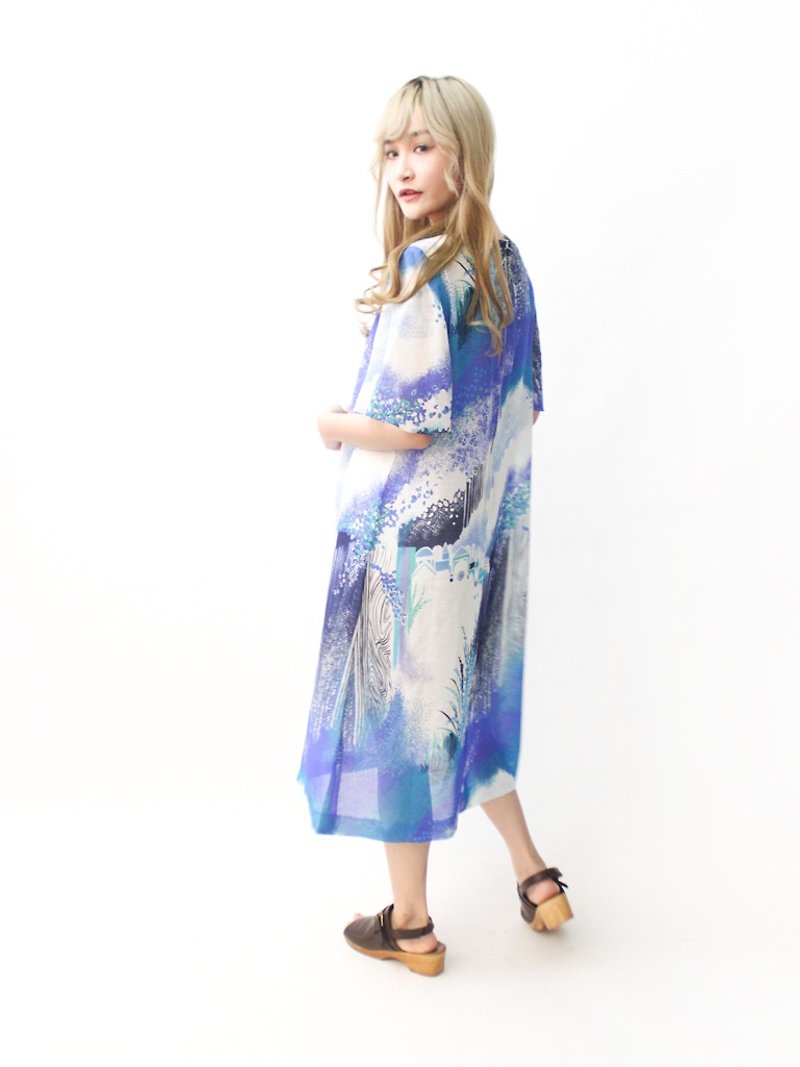 【RE0809D1318】 summer Japanese fairyland waterfall water blue loose short-sleeved ancient dress - ชุดเดรส - เส้นใยสังเคราะห์ สีน้ำเงิน