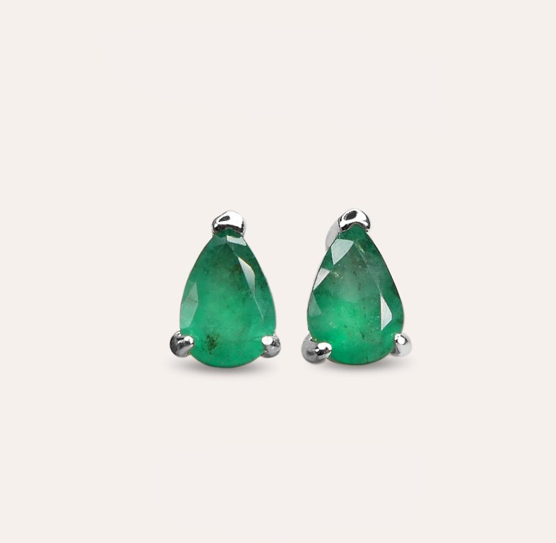 AND Emerald green water drop 4*6mm earrings classic series Pear E natural Gemstone beads - Earrings & Clip-ons - Silver Green