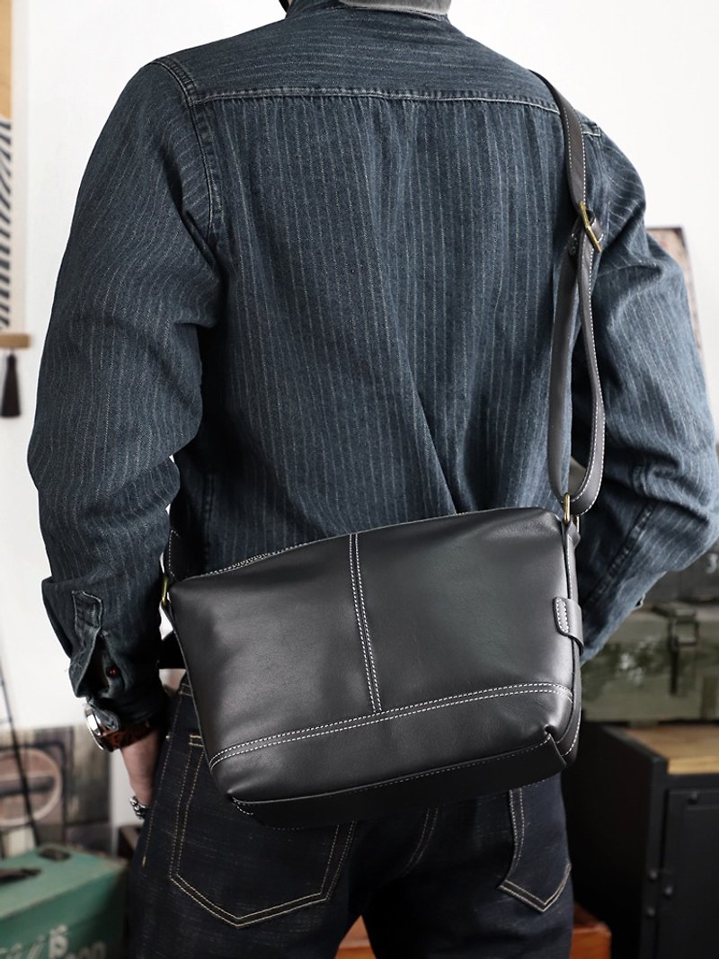 Casual Genuine Leather Men's Shoulder Bag Handmade Crossbody Messenger Bags Male - Messenger Bags & Sling Bags - Genuine Leather Black