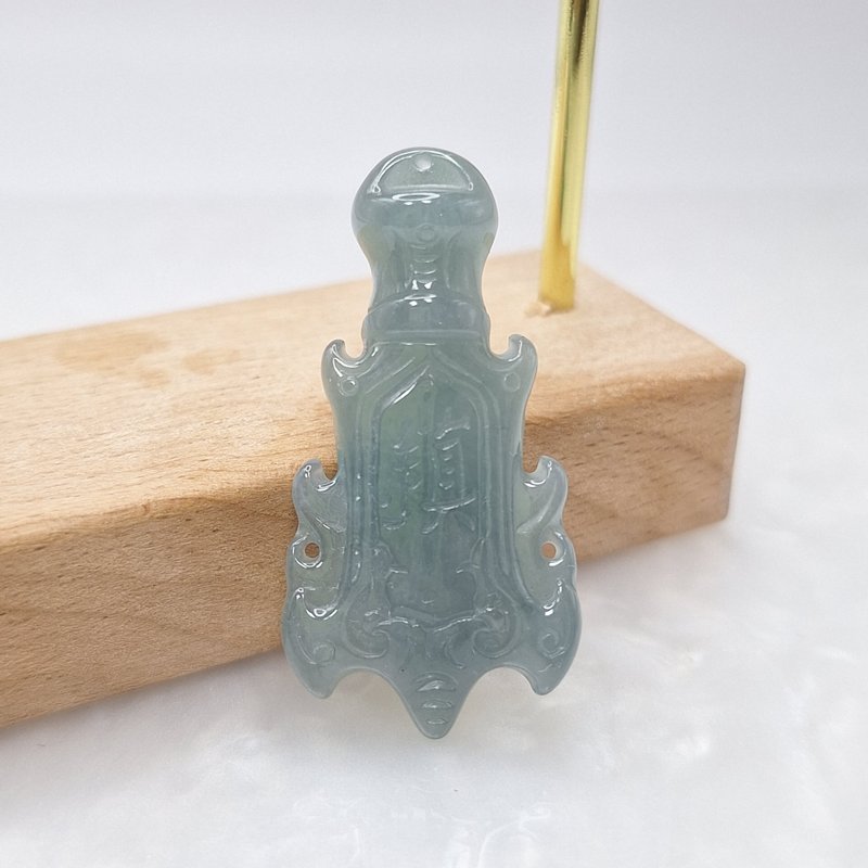 Warm and icy dark blue sword hand-carved pendant | Natural Grade A jadeite - Necklaces - Jade 