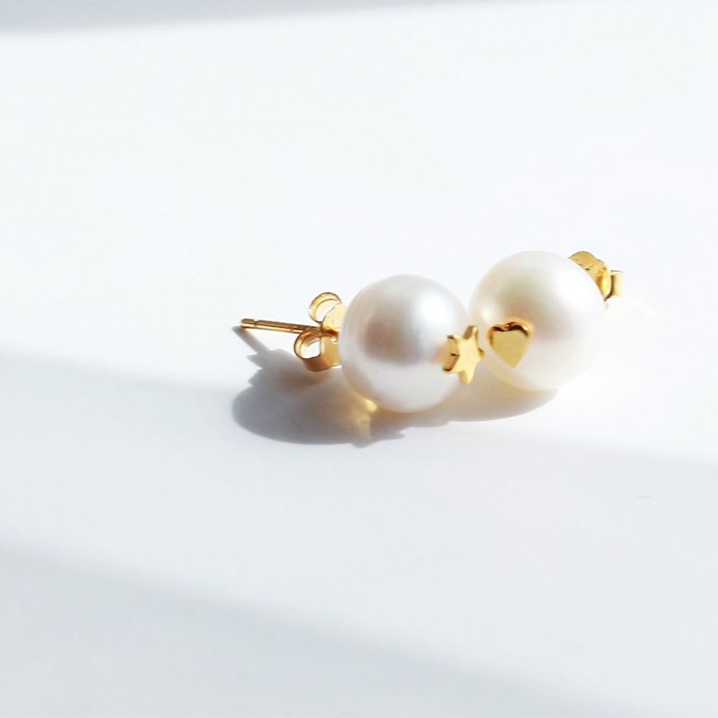MissQueeny Star Heart sterling silver stud earrings natural pearl beads bread - ต่างหู - โลหะ ขาว