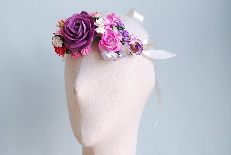 Paper Flower, Headband, Wedding, Big roses and small floral tiara in purple, pink, peach brush and maroon Color. - 髮飾 - 紙 紫色