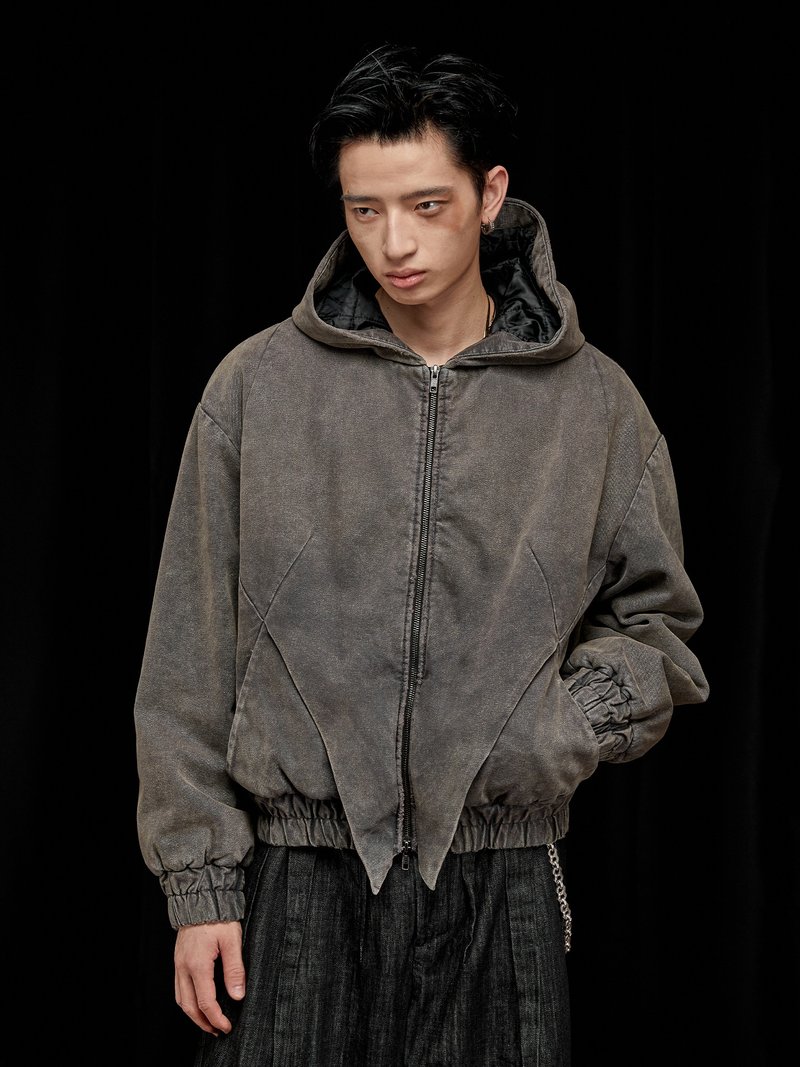 【巨齒鯊】重工水洗磨邊連帽/BOMBER/棉服外套 - 男夾克/外套 - 棉．麻 灰色