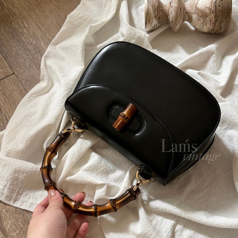 中古Gucci 黑金竹節南瓜包手提斜背兩用包 - 手提包/手提袋 - 真皮 黑色