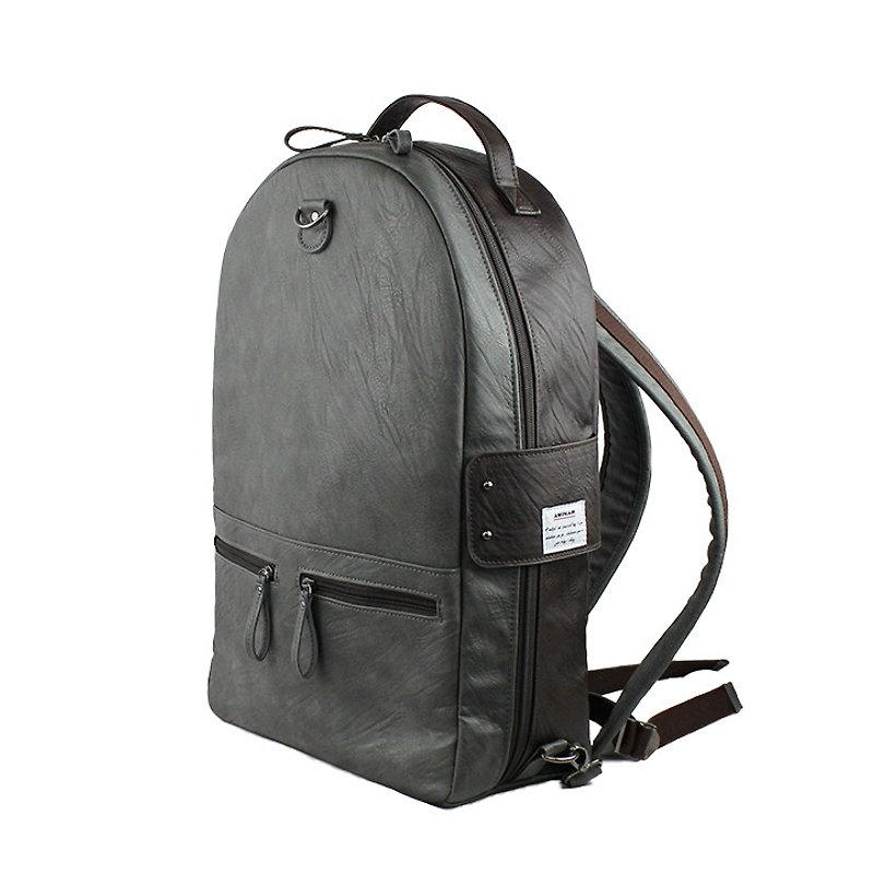 AMINAH-Grey double-sided leather backpack [am-0307] - กระเป๋าเป้สะพายหลัง - หนังเทียม สีเทา