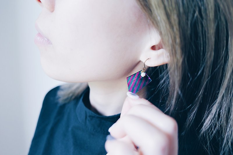 Geometric Striped Earrings - Fuschia & Turqoise - Earrings & Clip-ons - Plastic Multicolor