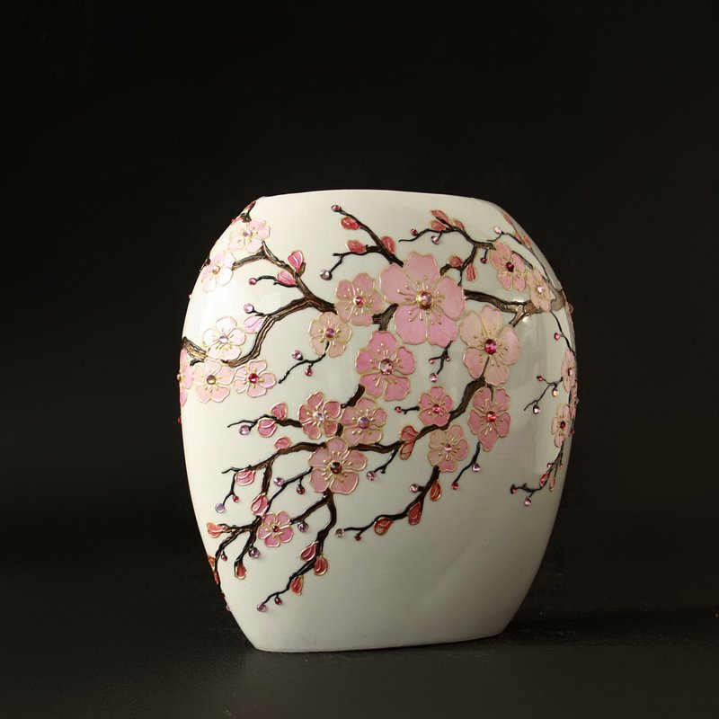 White Ceramic vase Sakura Cherry Blossom Swarovski Crystals hand Painted - 花瓶/花器 - 陶 粉紅色