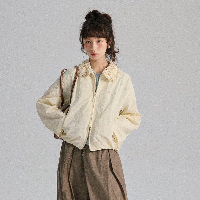 可拆卸蕾絲繡花領外套|外套|兩色|春款|Sora-1782 - 女上衣/長袖上衣 - 其他人造纖維 多色