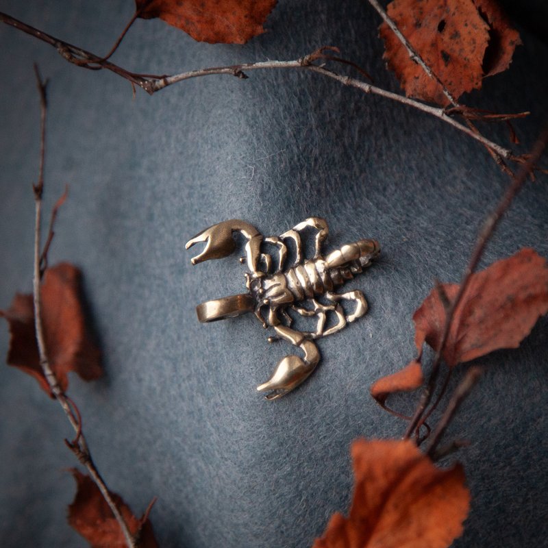 Scorpio pendant on leather cord. Handmade jewelry. Zodiac sign necklace. - 項鍊 - 其他金屬 橘色