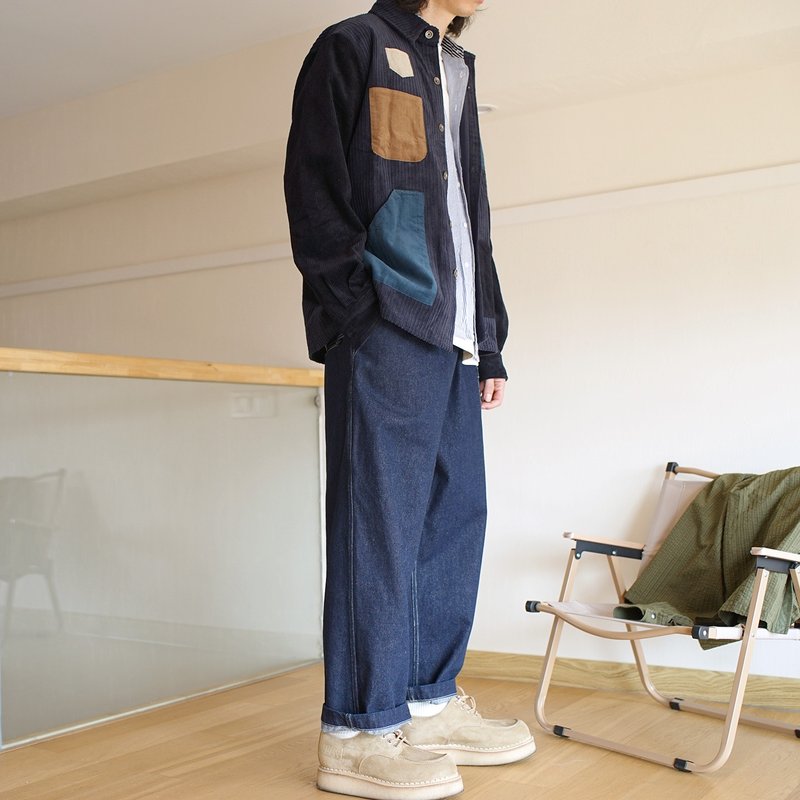 Corduroy Splicing Jacket 拼接燈芯絨口袋外套夾克 - 男夾克/外套 - 棉．麻 藍色