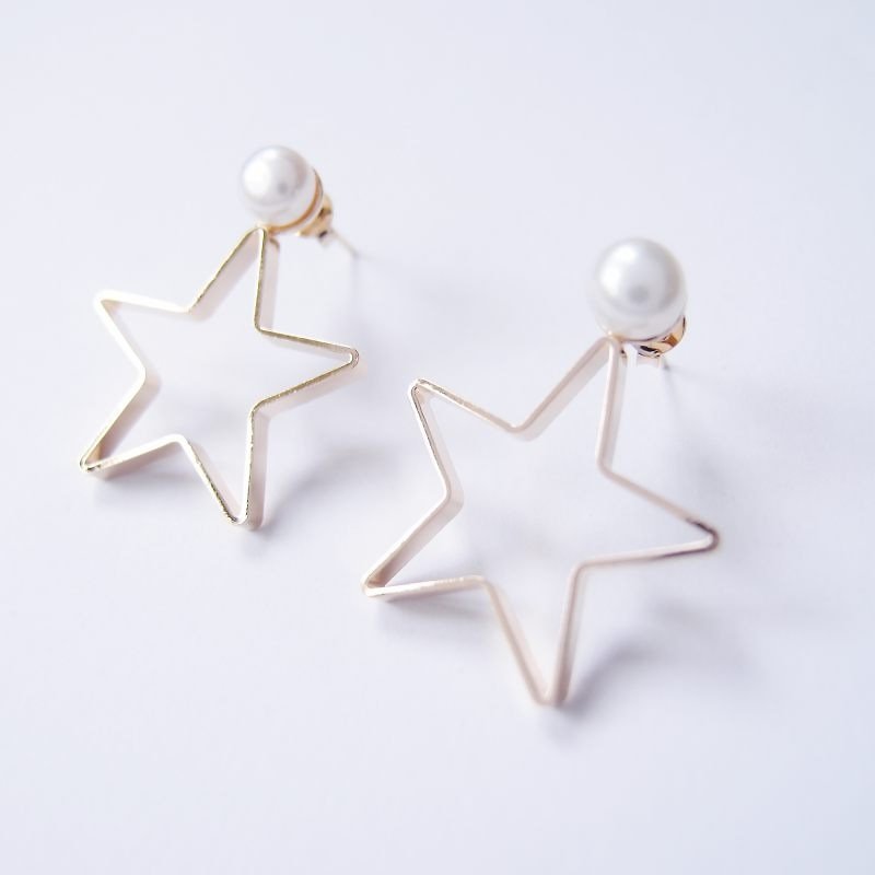 Pentagram metal pearl earrings - ต่างหู - โลหะ สีทอง