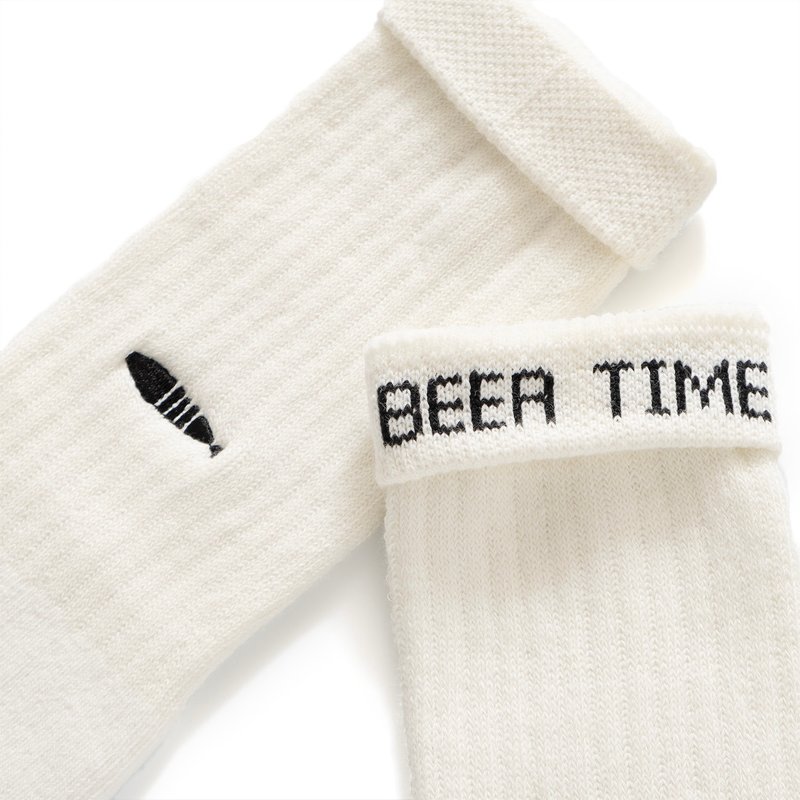 【簡約百搭】Beer Time 字句捲邊襪 (SK077) - 襪子 - 棉．麻 白色