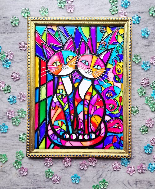 ステンドグラス絵画ペアの猫ウェディングギフト幾何学的なモダン