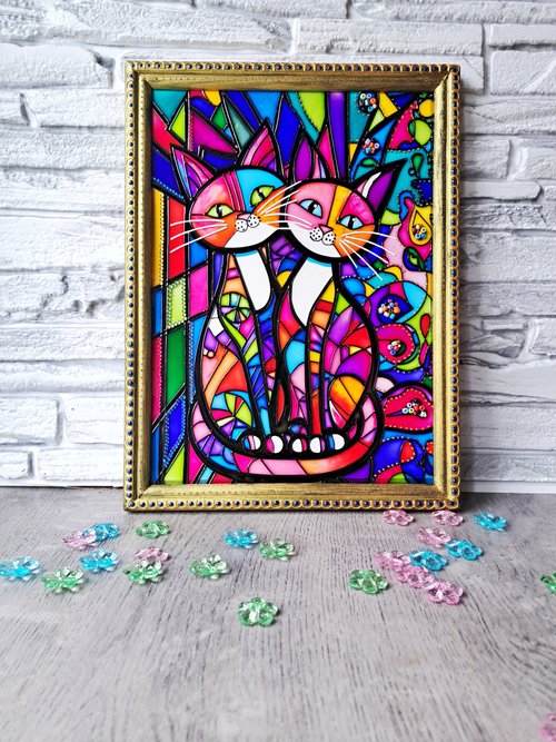 蝶々を見つめる可愛い子猫 ヴィンテージ ステンドグラス お花畑 絵画 美術館 ステンドグラス絵画ペアの猫ウェディングギフト幾何学的なモダン
