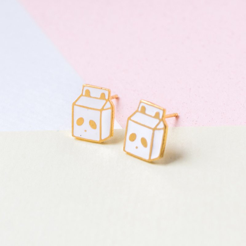 Panda Milk Box Animal Milk | Handmade Earrings - ต่างหู - วัตถุเคลือบ ขาว