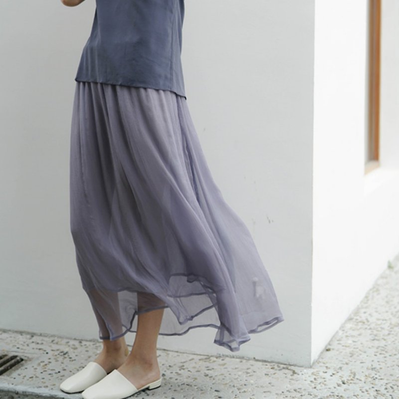 Boneless | Taro gray silk gauze tulle double skirt silk material light and elegant - Skirts - Silk Gray