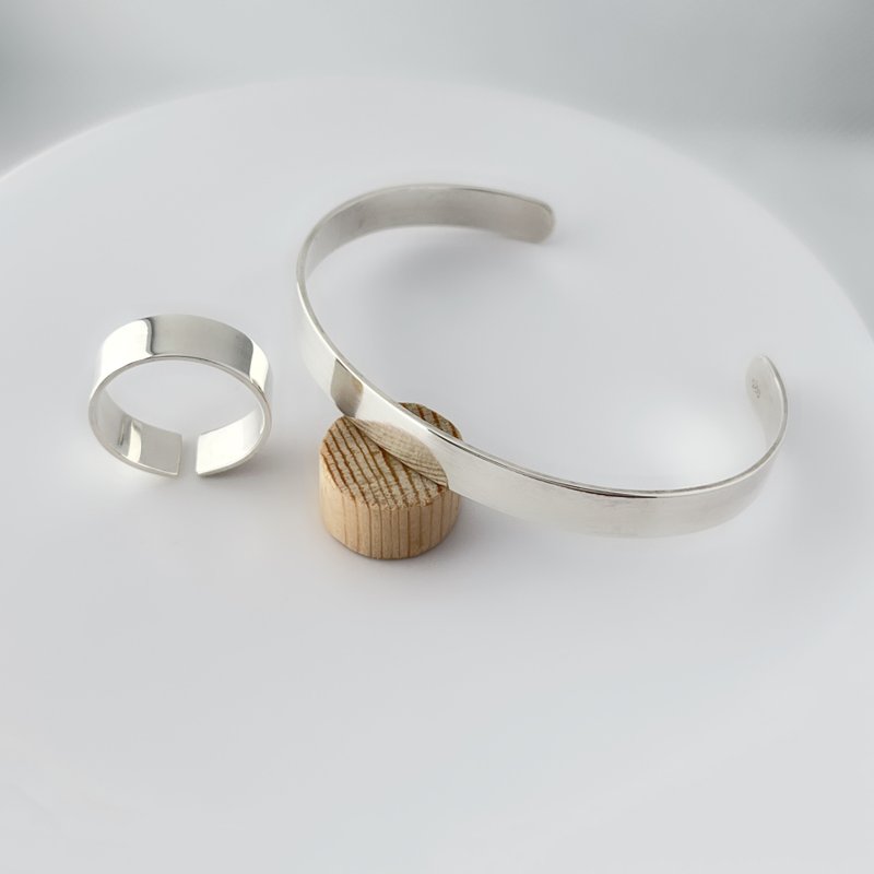 Set Cuff Bracelet + Ring, in Mirror Polished 925 Sterling Silver - 手鍊/手環 - 純銀 銀色