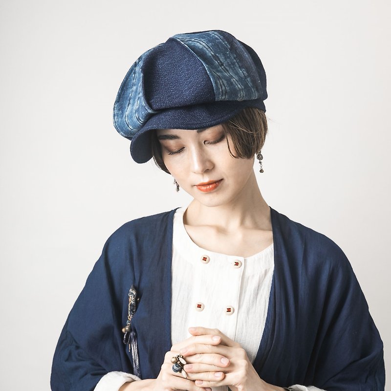 中国モン族の藍染め手織り麻と日本の藍染め綿で作ったキャスケットとハンチングの２WayCap 生生流転 - 帽子 - コットン・麻 ブルー