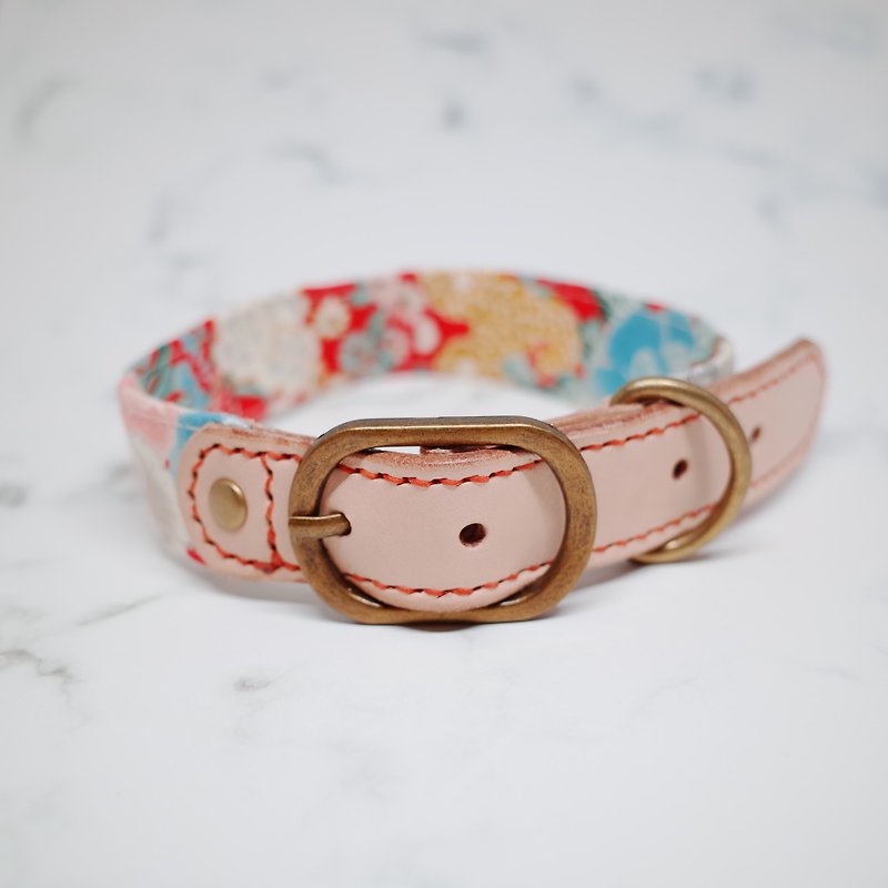 Dog L size 2.5 cm wide dog collar peony spring blossoms with bells can be purchased with tag - Collars & Leashes - Genuine Leather 
