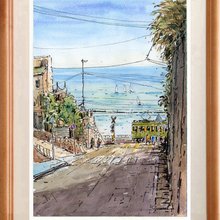 灯台の絵 オリジナル水彩画 夕焼け空アート 海景アート - ショップ