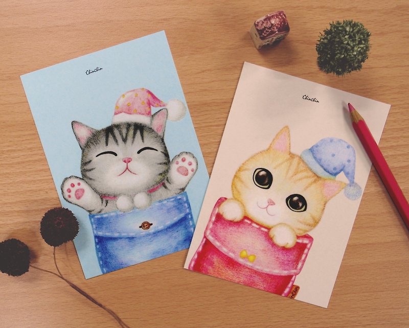 ChinChin Hand-painted Cat Postcard-Pocket Cat Series (2 in a set) - การ์ด/โปสการ์ด - กระดาษ หลากหลายสี