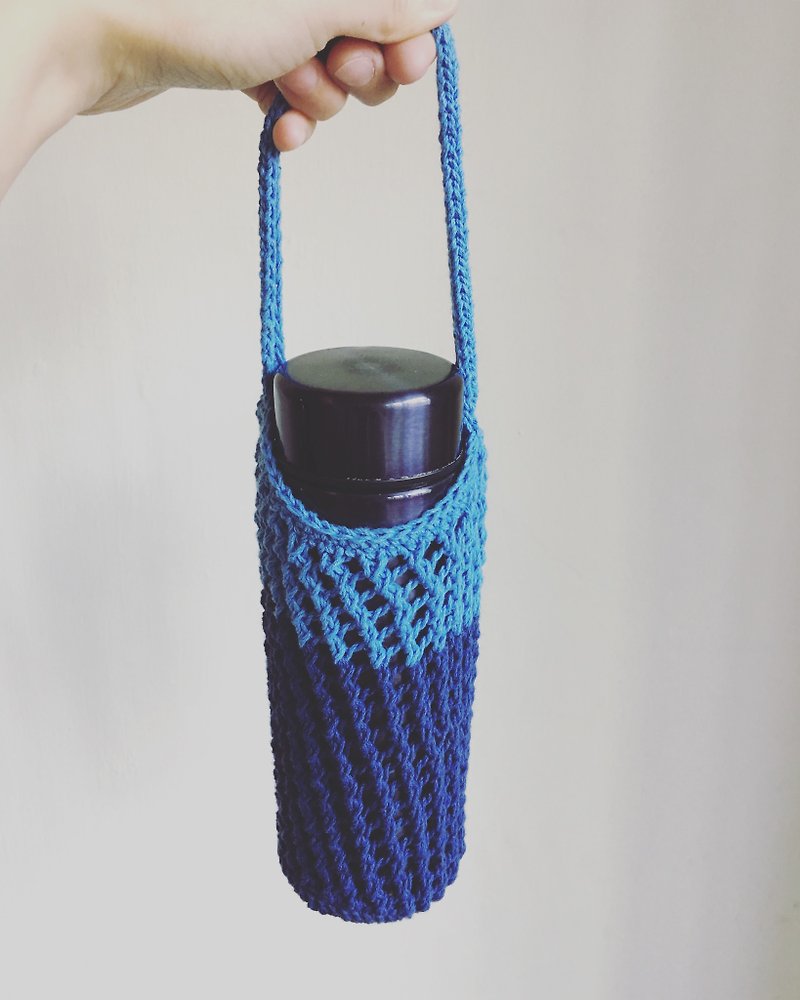 Mesh weaving kettle bag / drink bag (sky blue * dark blue) - ถุงใส่กระติกนำ้ - ผ้าฝ้าย/ผ้าลินิน 