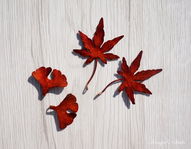 【訂製】七角楓葉耳環|楓紅|無耳洞可/耳夾|純手工|紅銅|永久保存 - 耳環/耳夾/耳骨夾 - 銅/黃銅 紅色