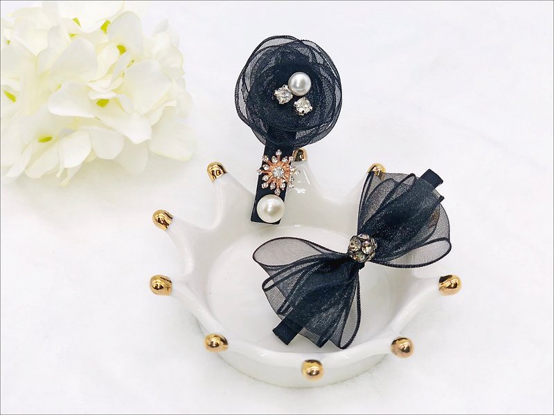 Elegant Organza Flower Hair Clip with Ribbon Bow Hair Clip Set  - เครื่องประดับผม - วัสดุอื่นๆ สีดำ