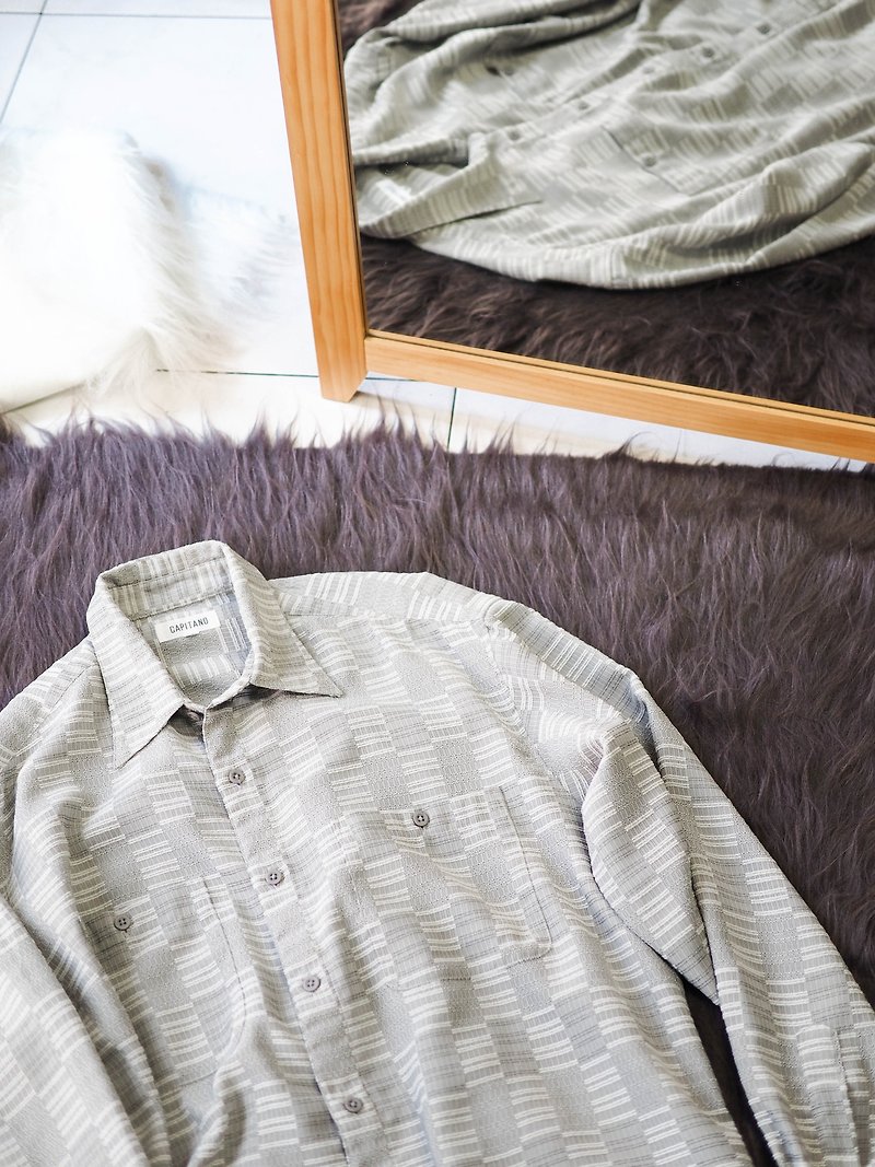 河水山 - 佐賀淺灰橫條立體織紋 古董棉質襯衫上衣外套 - 女襯衫 - 聚酯纖維 灰色