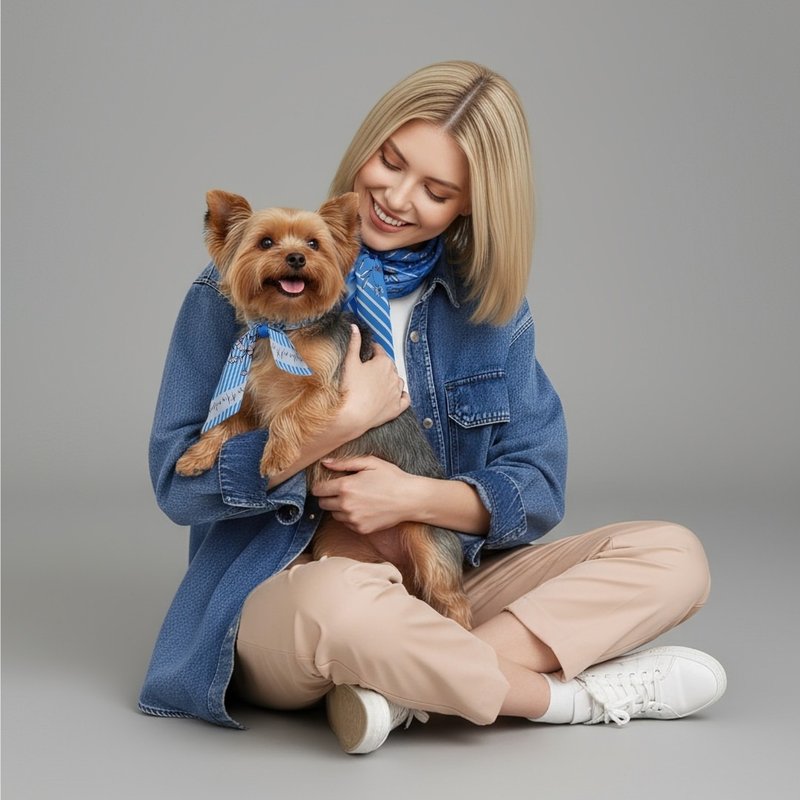 寵主與寵物網紅組合狗狗及主人同款造型狗狗圍巾普羅旺斯蔚藍套裝 - 寵物衣服 - 聚酯纖維 藍色