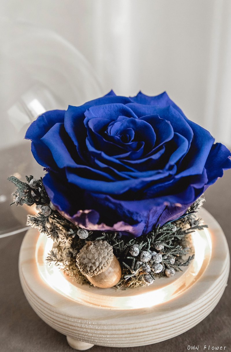 Blue rose/flower night light/eternal flower glass cup/birthday gift/graduation gift/eternal flower gift/everlasting flower - ช่อดอกไม้แห้ง - พืช/ดอกไม้ สีน้ำเงิน