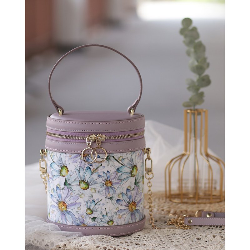 Handmade top layer cowhide patchwork dual-purpose cylinder bag small fresh bucket bag pink purple chrysanthemum - Messenger Bags & Sling Bags - Genuine Leather Purple