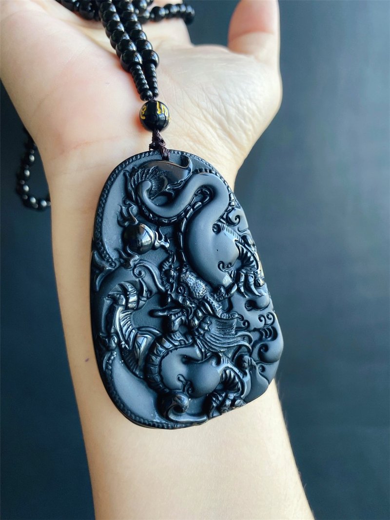 【售出】厚庄 除厄 天然石 黑曜石 龍 前途似錦 祥瑞 已綁珠鍊 禮 - 長項鍊 - 水晶 黑色
