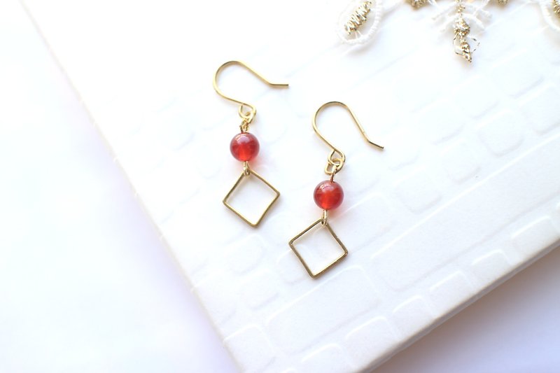 Red treasure -Red agate brass handmade earrings - Earrings & Clip-ons - Other Metals Red