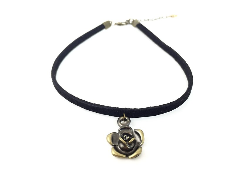 Bronze Rose Necklace - Necklaces - Genuine Leather Black