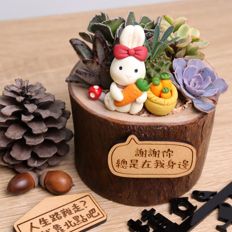 Red Butterfly Ear Rabbit Succulent Plant Log Potted Signboard Customized Birthday Christmas Resignation Exchange Gift - ตกแต่งต้นไม้ - ไม้ สีเขียว