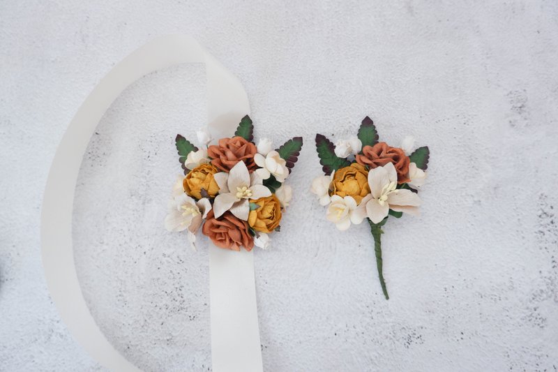 Fall wedding wrist corsage, buttonhole, boutonniere - 胸花/手腕花 - 紙 咖啡色